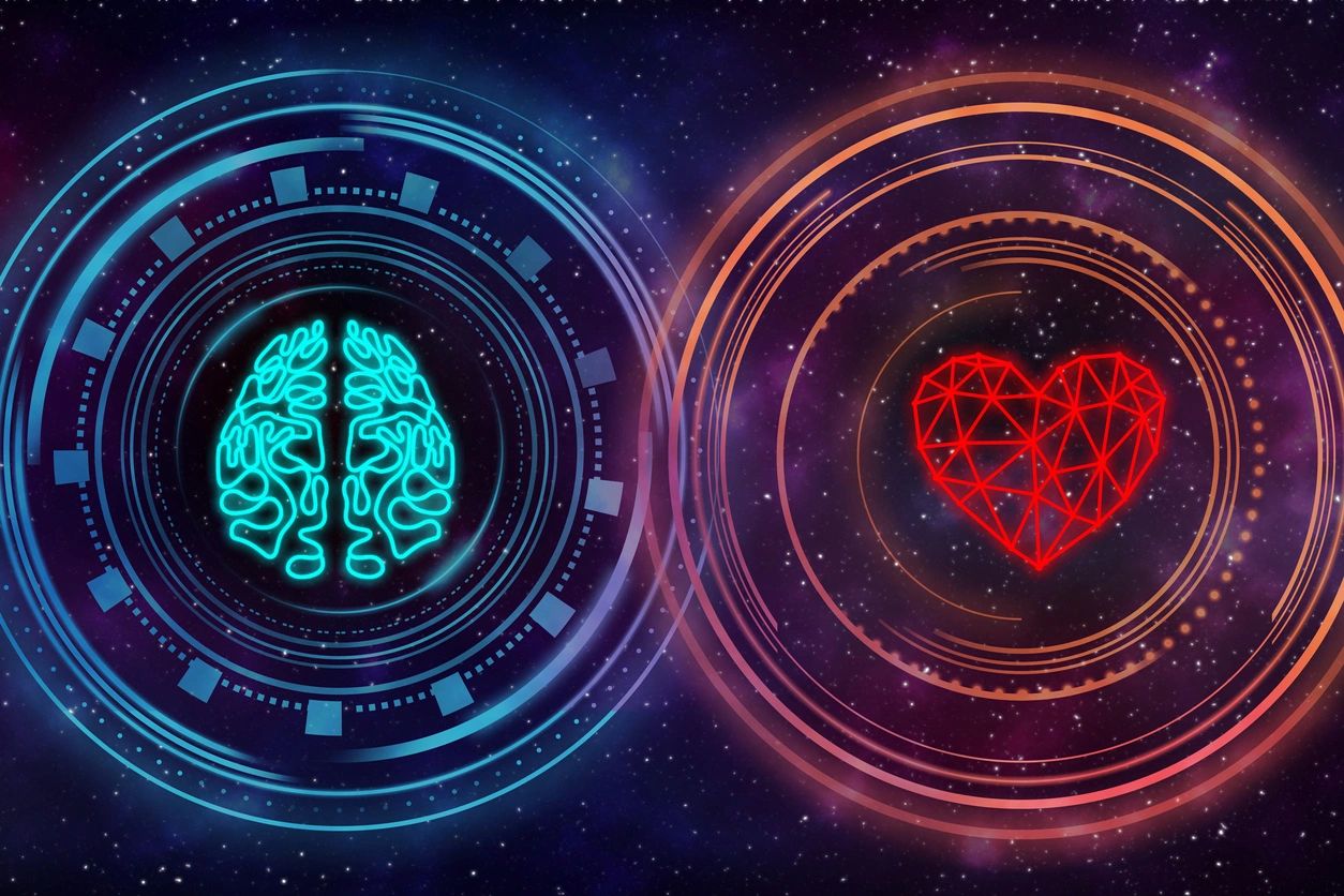 Digital brain and heart icons connected by glowing circuits.
