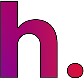 A large lowercase letter 'h' in gradient purple to red with a red dot.