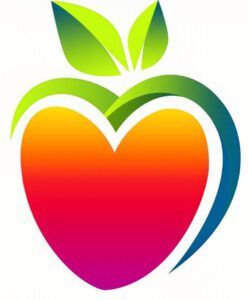 Colorful heart-shaped apple with leaves graphic.